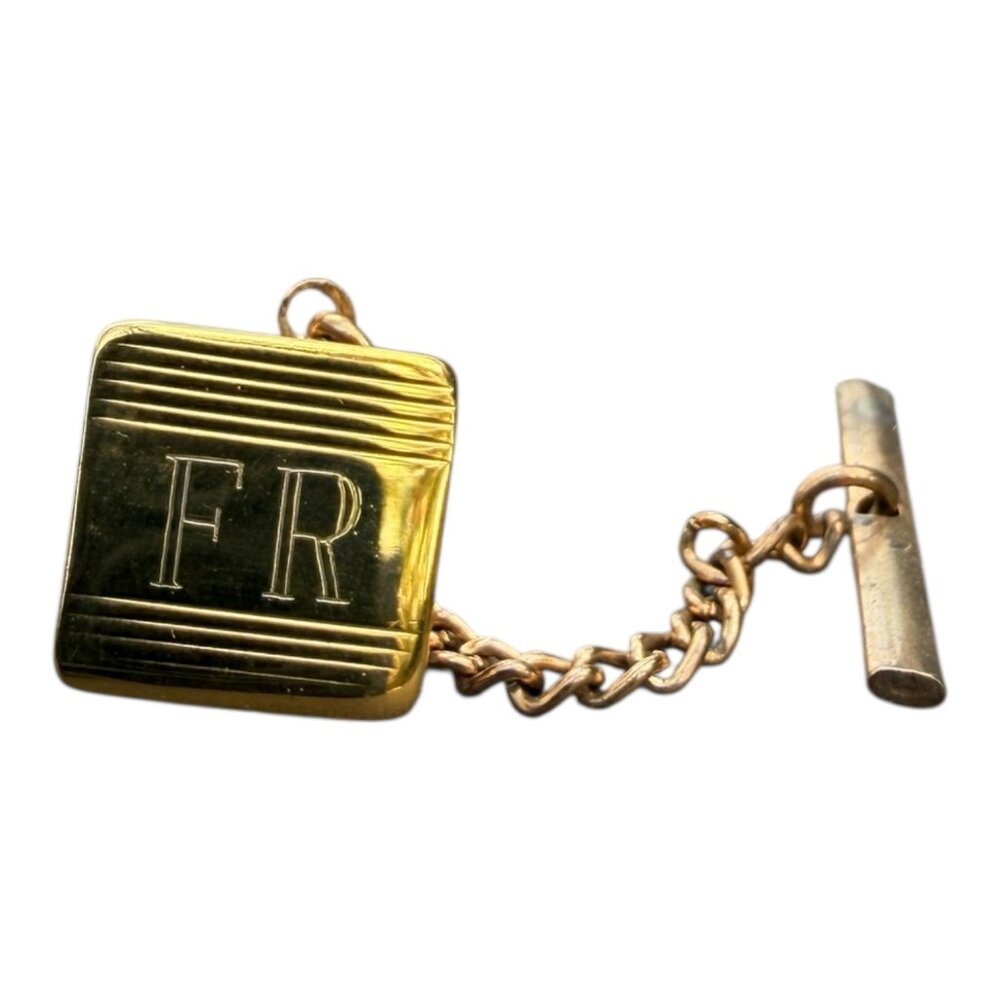 Vintage Gold Tone Tie Tack With "FR" Monogram & Chain Bar